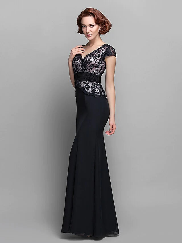 Back view of the Mother of the Bride dress, showcasing the V-back and floor-length design.