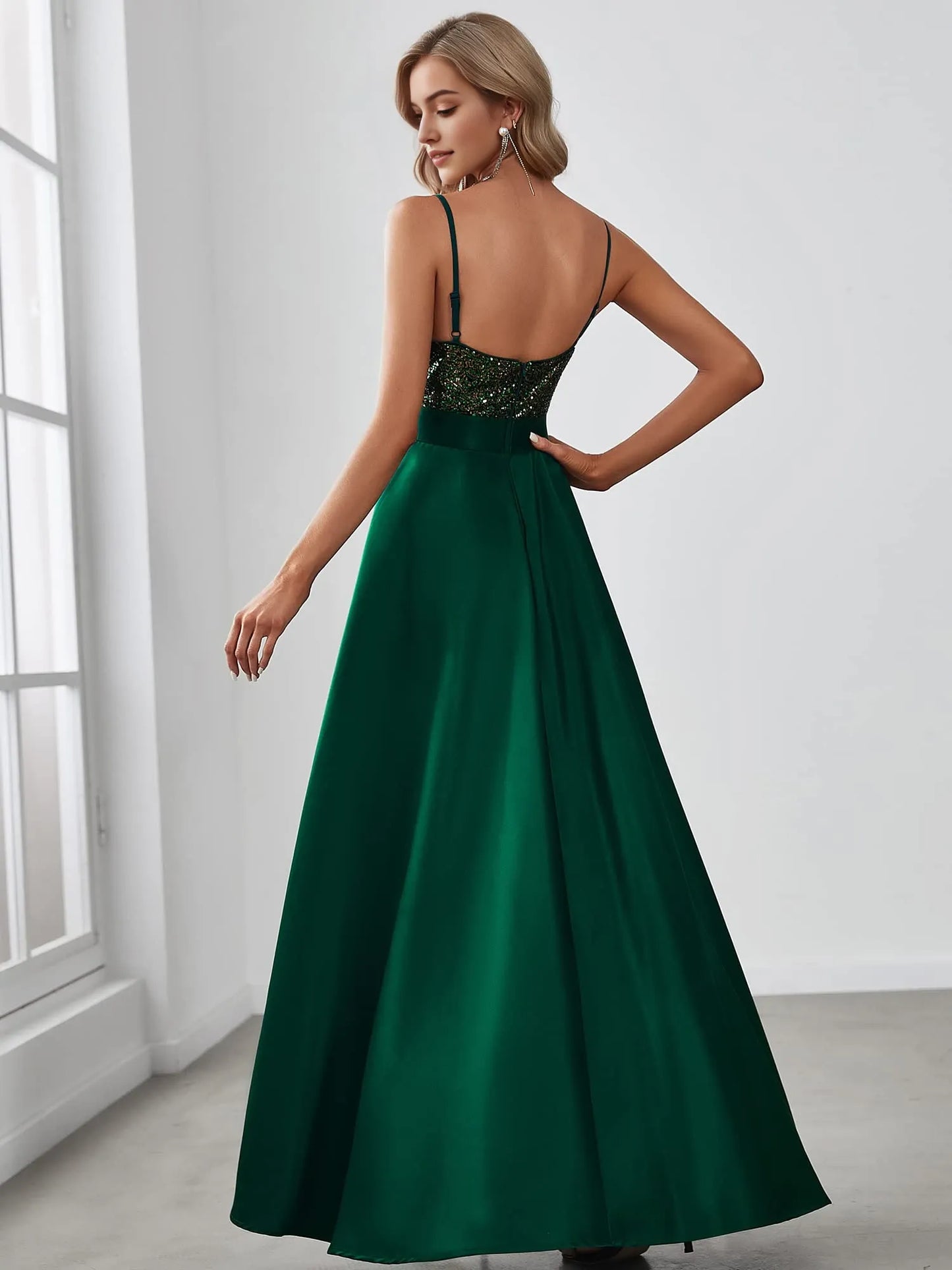 Elegant V-Neck Sleeveless Sequin Bodice High-Waist Asymmetrical High-Slit Satin Evening Dress