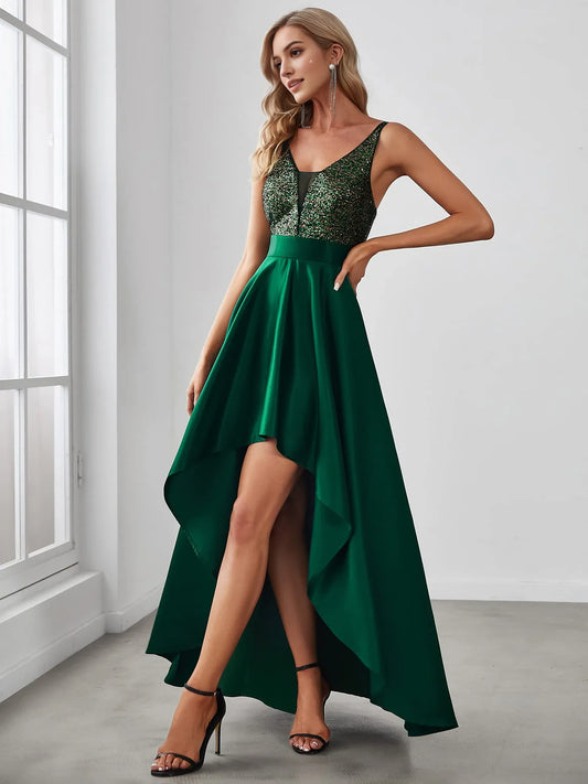 Elegant V-Neck Sleeveless Sequin Bodice High-Waist Asymmetrical High-Slit Satin Evening Dress