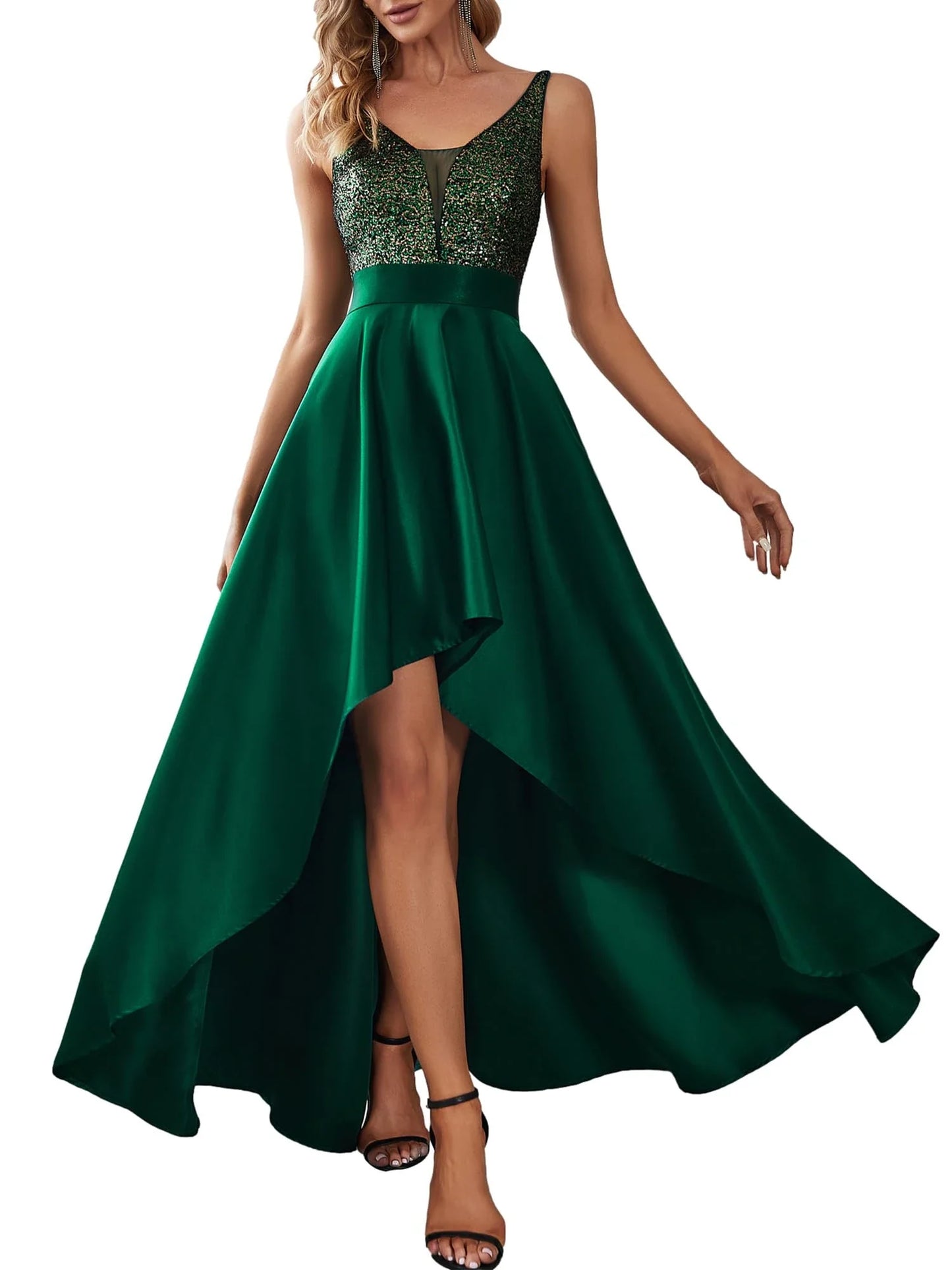 Elegant V-Neck Sleeveless Sequin Bodice High-Waist Asymmetrical High-Slit Satin Evening Dress