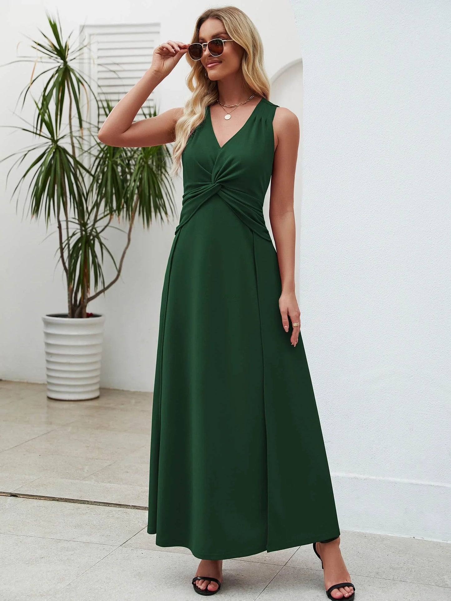 Elegant V-Neck Sleeveless Twist-Front Maxi Evening Dress
