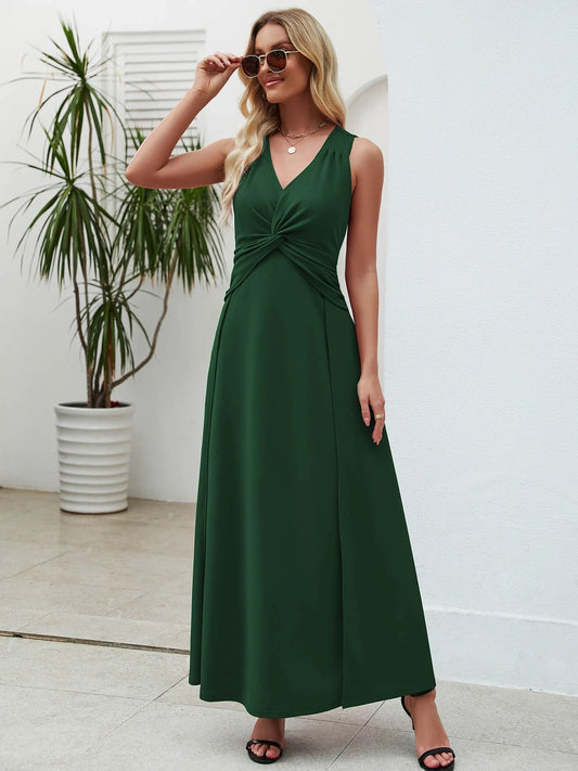 Elegant V-Neck Sleeveless Twist-Front Maxi Evening Dress
