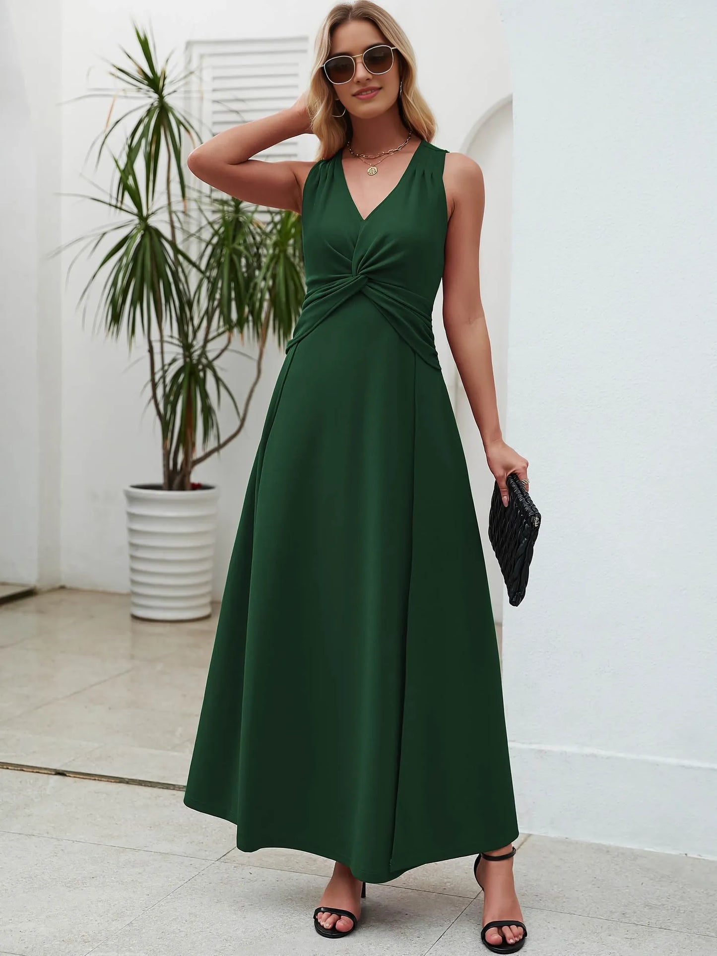 Elegant V-Neck Sleeveless Twist-Front Maxi Evening Dress