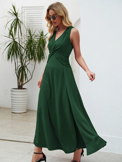 Elegant V-Neck Sleeveless Twist-Front Maxi Evening Dress