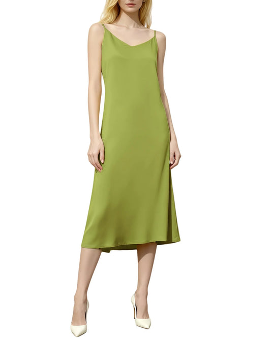 Elegant V-Neck Spaghetti Strap Satin Midi Evening Dress