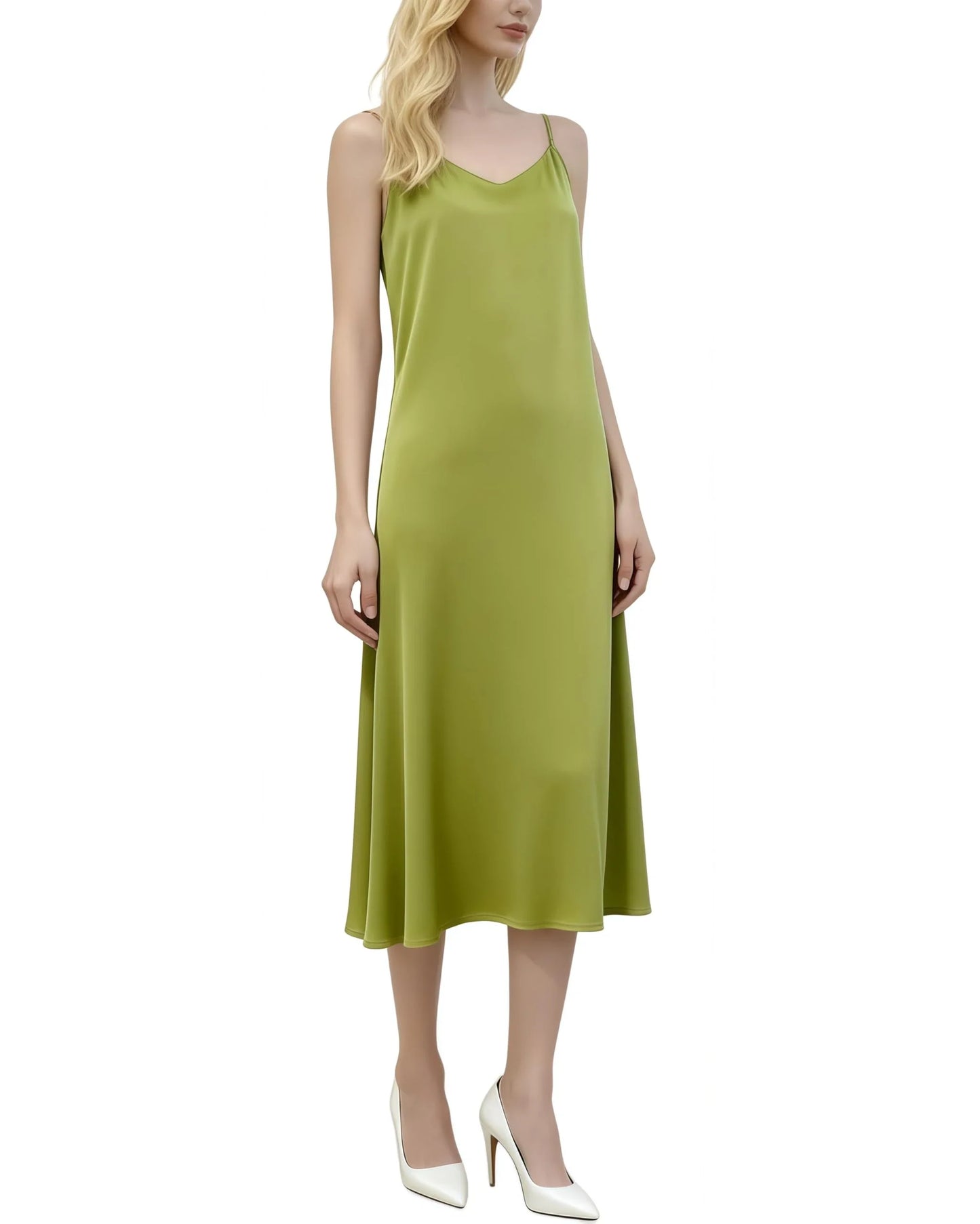 Elegant V-Neck Spaghetti Strap Satin Midi Evening Dress