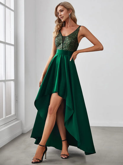 Elegant V-Neck Spaghetti Strap Back Zip Sequin Bodice Satin High-Low Floor-Length Evening Dres