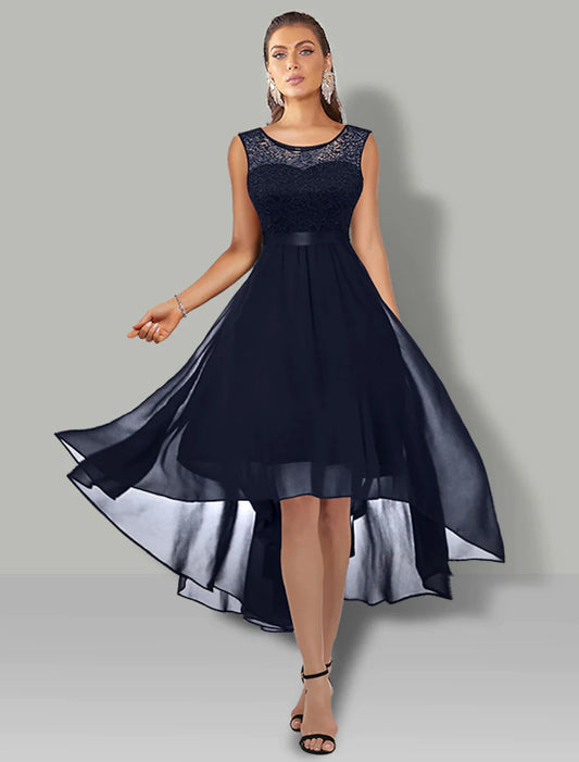 Model wearing an elegant pure color A-line asymmetrical chiffon cocktail dress with lace and pleats.