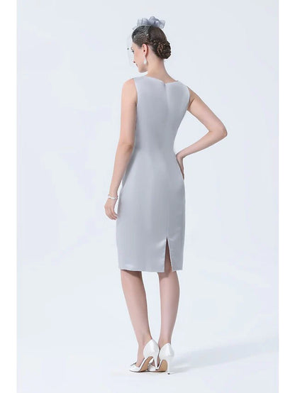 Plus size woman posing in the elegant vintage high neck satin mother of the bride dress.
