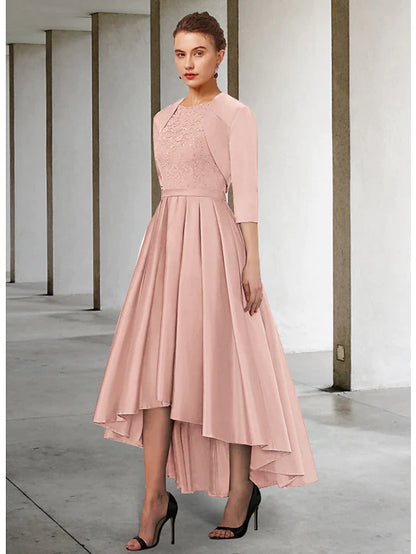 Woman wearing an elegant teal mother of the bride midi dress with jewel neck and 3/4 sleeves.