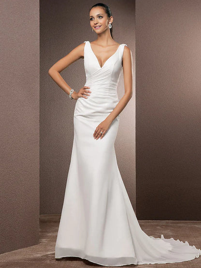 Full length view of an elegant bridal dress with regular straps.
