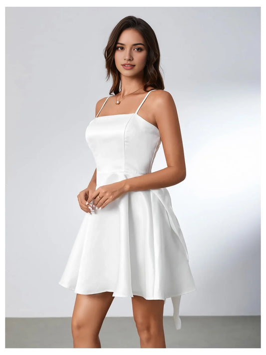 Elegant Satin Spaghetti Strap Lace-Up Back Bow-Detail Mini Party Dress