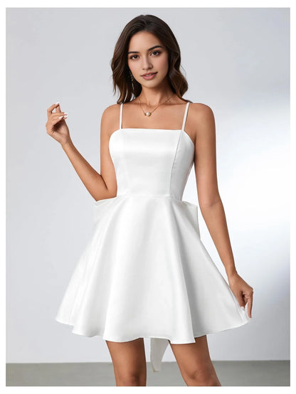 Elegant Satin Spaghetti Strap Lace-Up Back Bow-Detail Mini Party Dress