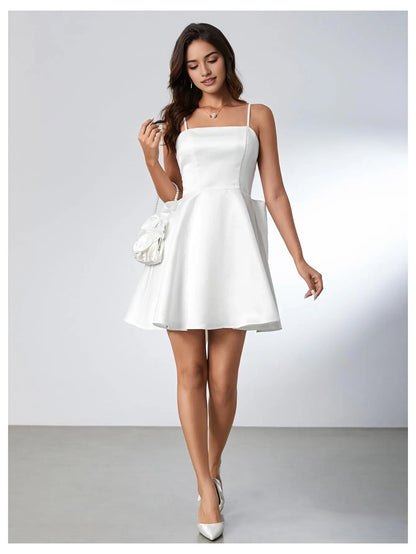 Elegant Satin Spaghetti Strap Lace-Up Back Bow-Detail Mini Party Dress