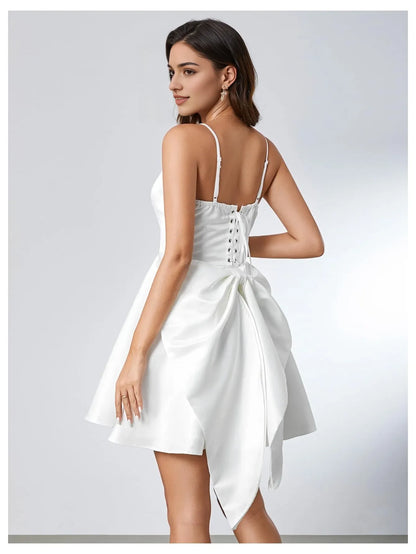 Elegant Satin Spaghetti Strap Lace-Up Back Bow-Detail Mini Party Dress