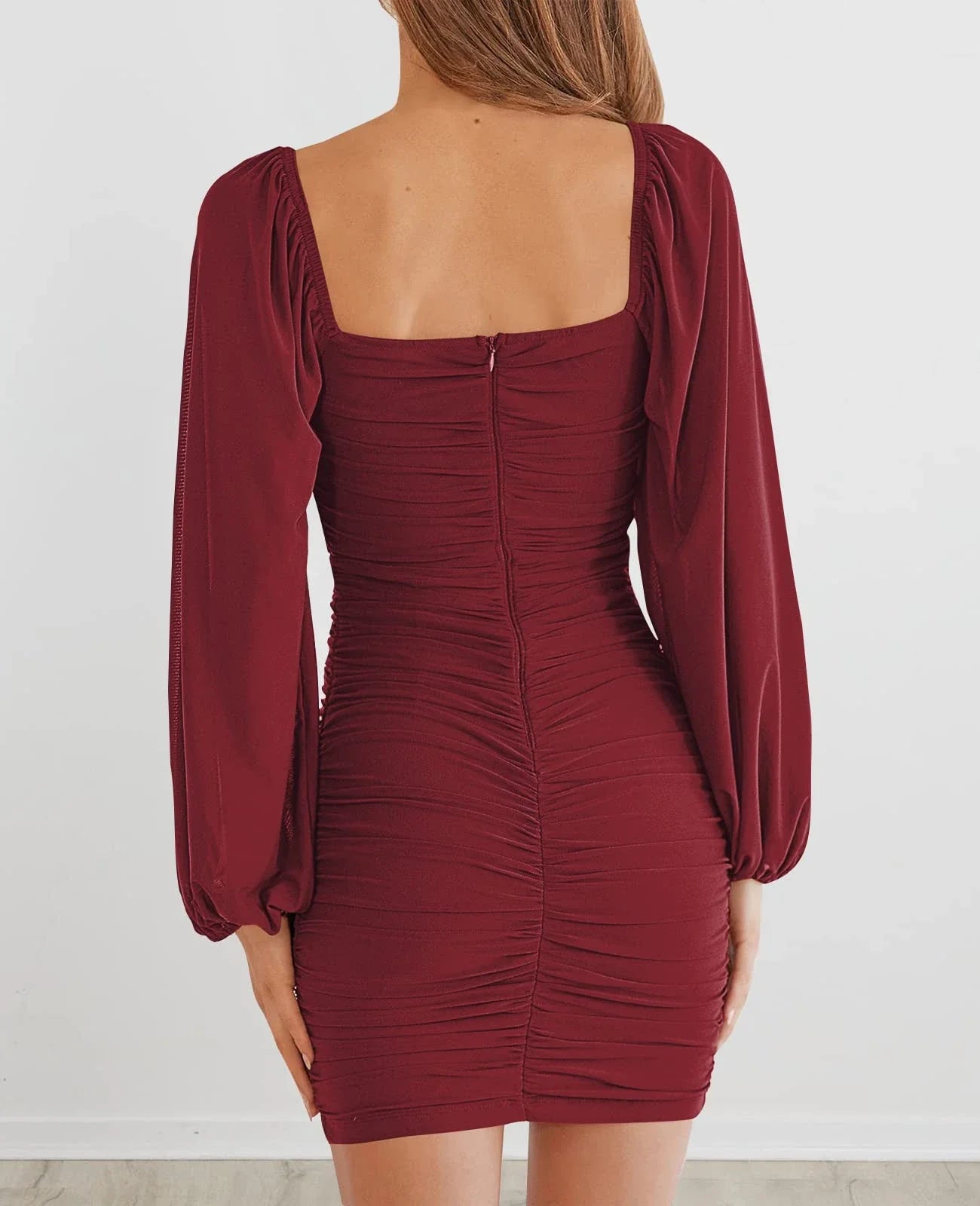 Elegant Wine Red Square Neck Lantern Sleeve Ruched Bodycon Mini Party Dress