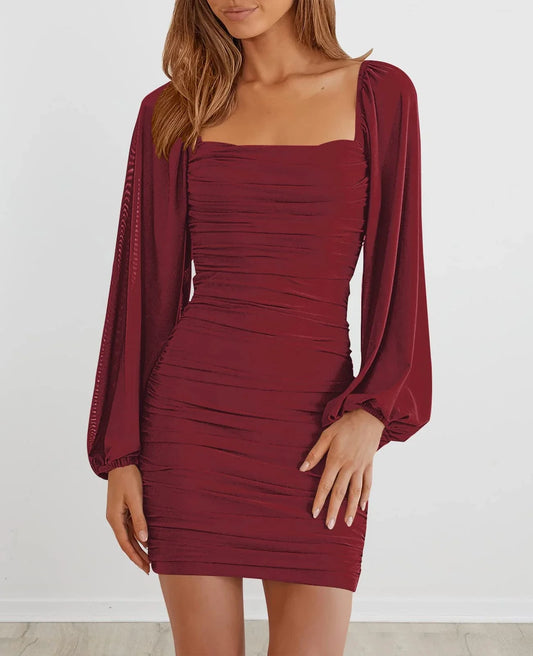 Elegant Wine Red Square Neck Lantern Sleeve Ruched Bodycon Mini Party Dress