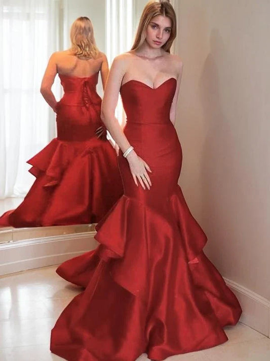 Elegant Wine Strapless Sweetheart Neck Tiered Ruffle Mermaid Evening Dress