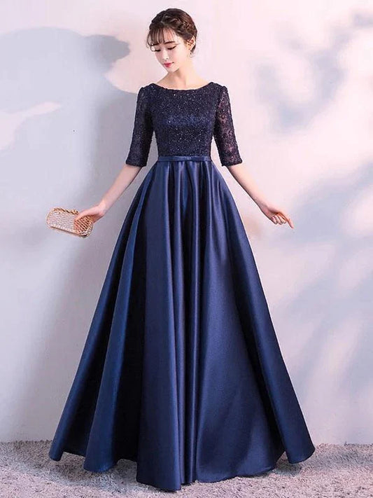 Elegant A-Line Boat Neck Half Sleeve Sequin Navy Evening Dress