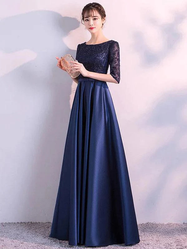 Elegant A-Line Boat Neck Half Sleeve Sequin Navy Evening Dress