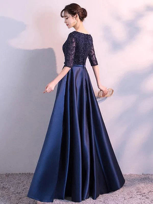 Elegant A-Line Boat Neck Half Sleeve Sequin Navy Evening Dress