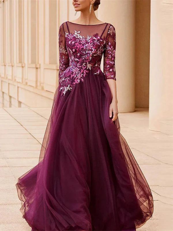 Elegant A-Line Boat Neck Long Sleeve Zipper Up Floor-Length Prom Dress