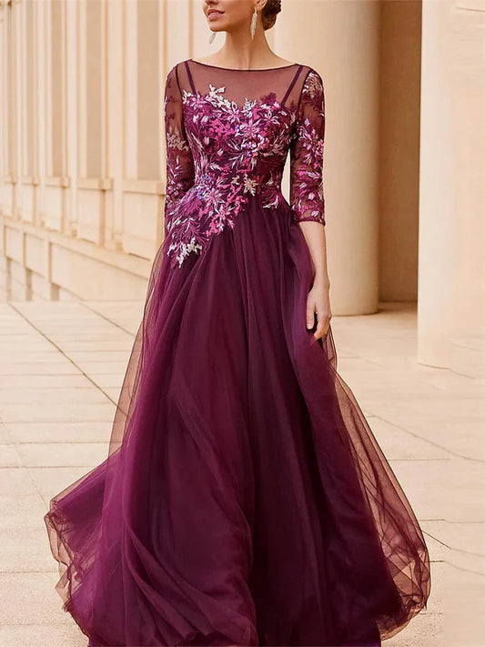 Elegant A-Line Boat Neck Long Sleeve Zipper Up Floor-Length Prom Dress
