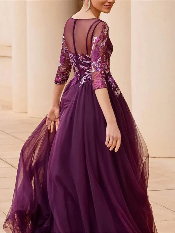 Elegant A-Line Boat Neck Long Sleeve Zipper Up Floor-Length Prom Dress