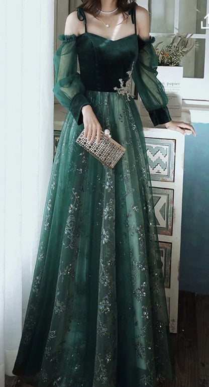 Elegant A-Line Cold Shoulder Long Sleeve Lace Up Floor-Length Prom Dress