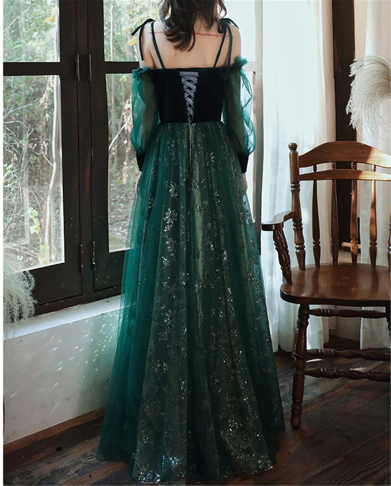 Elegant A-Line Cold Shoulder Long Sleeve Lace Up Floor-Length Prom Dress
