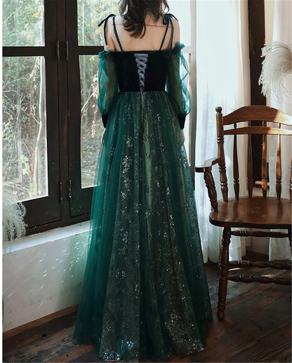 Elegant A-Line Cold Shoulder Long Sleeve Lace Up Floor-Length Prom Dress