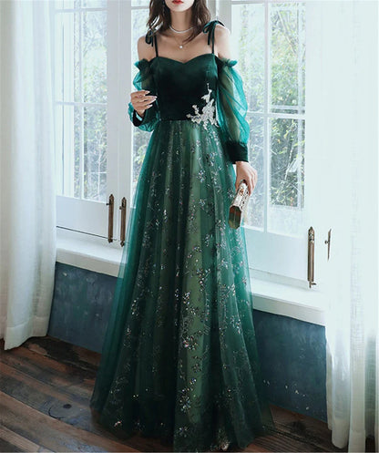 Elegant A-Line Cold Shoulder Long Sleeve Lace Up Floor-Length Prom Dress