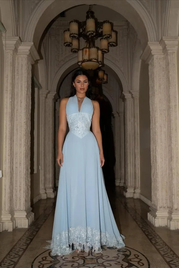 Elegant A-Line Deep V-Neck Sleeveless Open Back Floor-Length Prom Dress