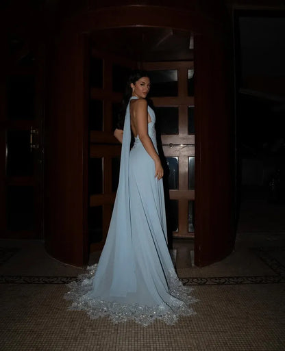 Elegant A-Line Deep V-Neck Sleeveless Open Back Floor-Length Prom Dress