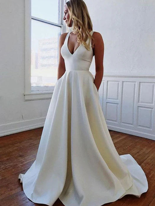 Elegant A-Line Deep V Bow White Floor-Length Prom Dress
