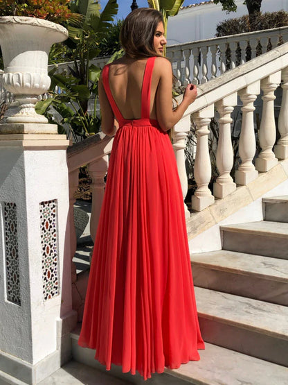 Elegant A-Line Deep V Chiffon Red Floor-Length Prom Dress