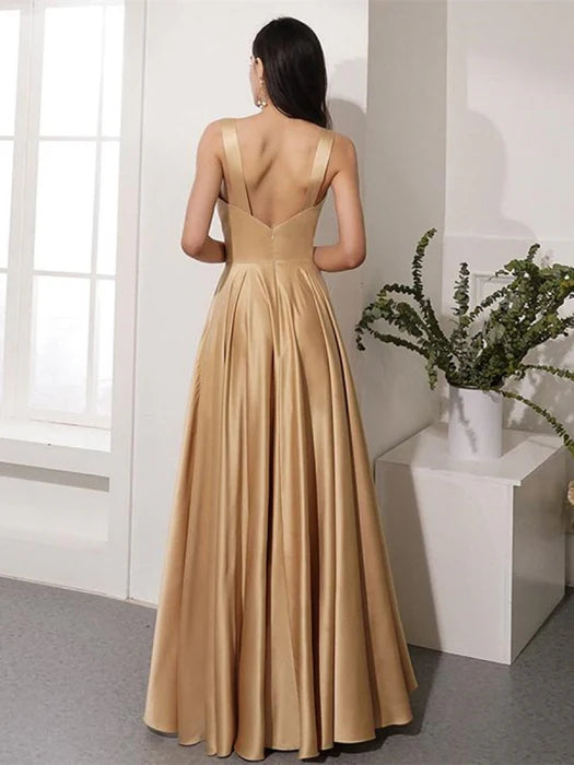 Elegant A-Line Deep V Sleeveless Satin Gold Floor-Length Prom Dress