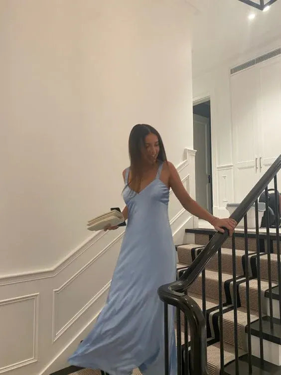 Elegant A-Line Deep V Sleeveless Satin Light Blue Maxi Evening Dress for Women