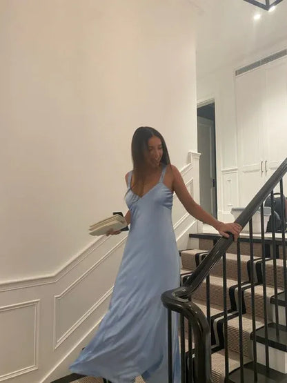 Elegant A-Line Deep V Sleeveless Satin Light Blue Maxi Evening Dress for Women