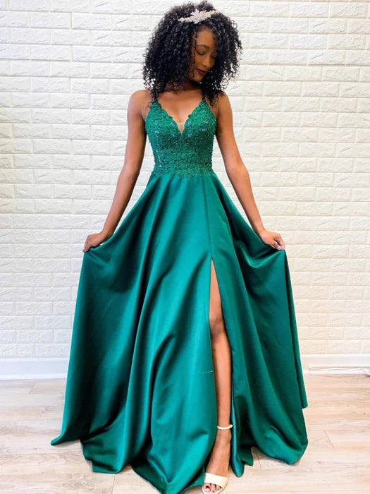 Elegant A-Line Deep V Spaghetti Strap Lace Green Floor-Length Prom Dress