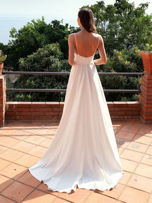 Elegant A-Line Deep V Spaghetti Strap Satin White Floor-Length Prom Dress