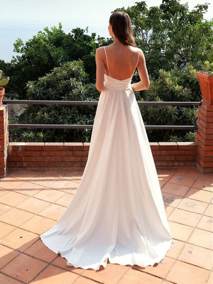 Elegant A-Line Deep V Spaghetti Strap Satin White Floor-Length Prom Dress