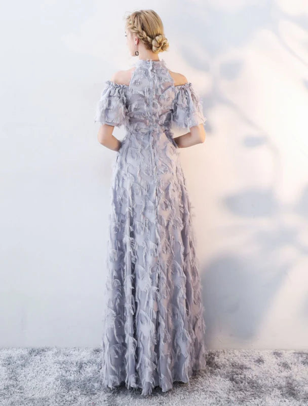 Elegant A-Line Halter Cold-Shoulder Feather Gray Evening Dress