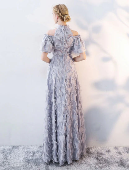 Elegant A-Line Halter Cold-Shoulder Feather Gray Evening Dress