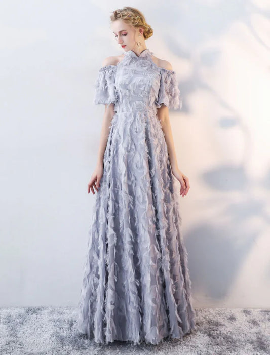 Elegant A-Line Halter Cold-Shoulder Feather Gray Evening Dress