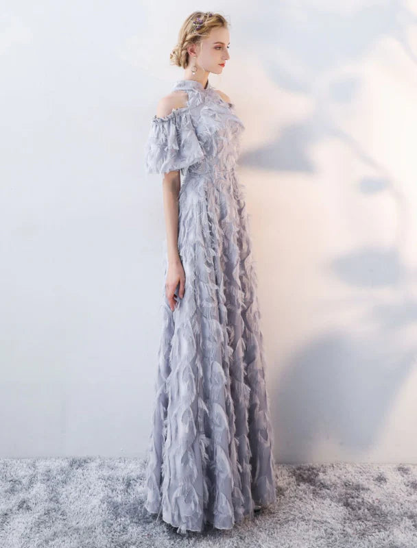 Elegant A-Line Halter Cold-Shoulder Feather Gray Evening Dress