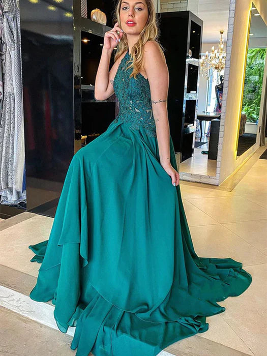 Elegant A-Line Halter Lace Teal Floor-Length Prom Dress