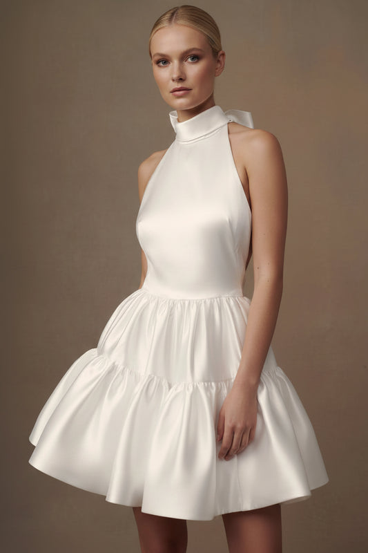 Lovely A-Line Halter Neck Sleeveless Bow Satin White Short Homecoming Dress