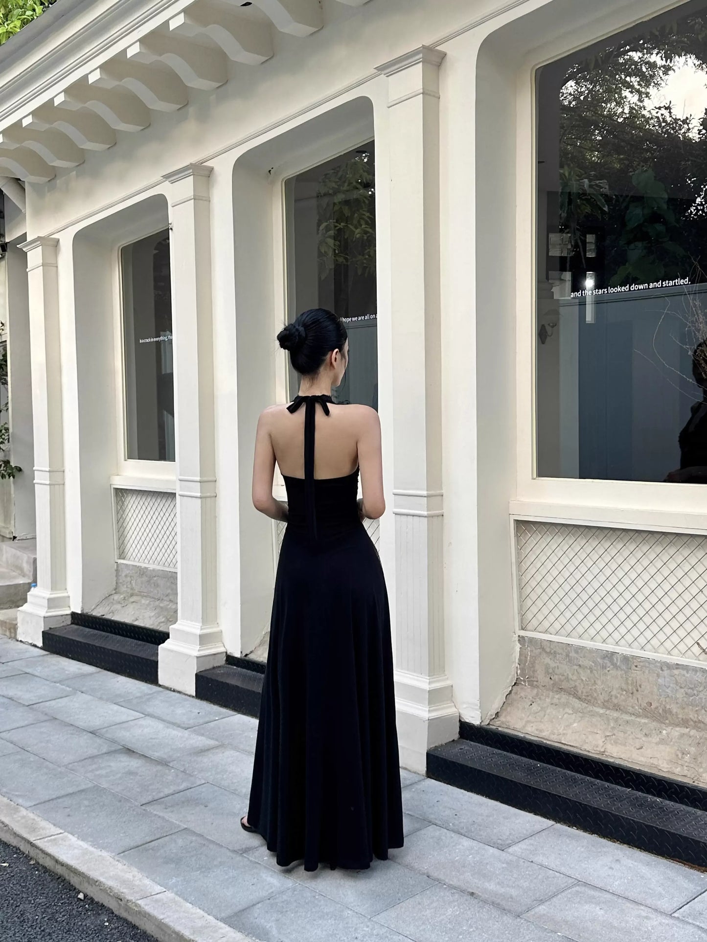 Elegant A-Line Halter Neck Sleeveless Lace Black Maxi Prom Dress for Women Ready to Ship