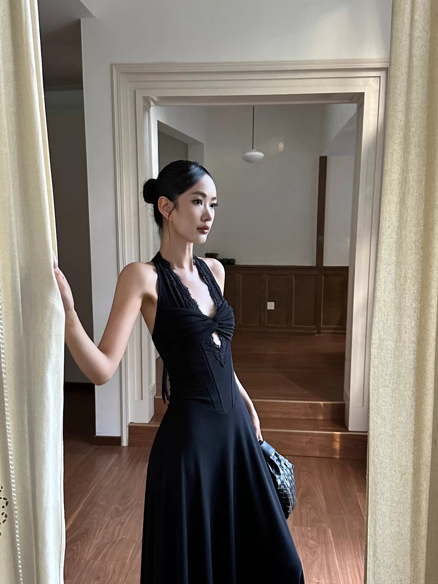 Elegant A-Line Halter Neck Sleeveless Lace Black Maxi Prom Dress for Women Ready to Ship